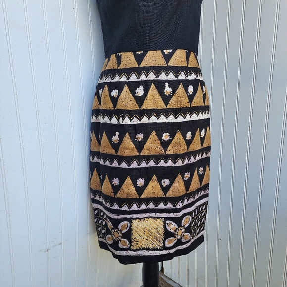 Richie Freeman For Teri Jon Black Tan Beige 100% Linen Sleveless Aztec Dress 6 - Picture 9 of 14